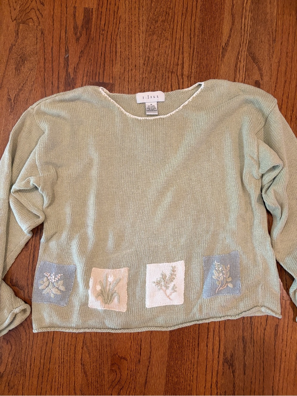 VTG J.Jill Sweater Medium Sage Green Knit Floral Embroidered Patchwork Pullover - Picture 4 of 11